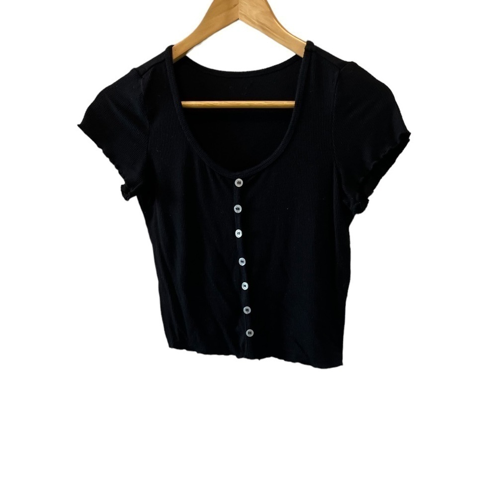 Black Scoop a neck Button Detail Short Sleeve Cropped Stretch Top M